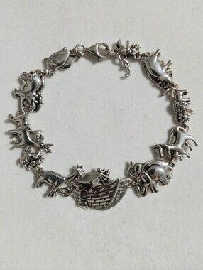 Vintage Sterling Silver Noah's Ark Charm Link Bracelet